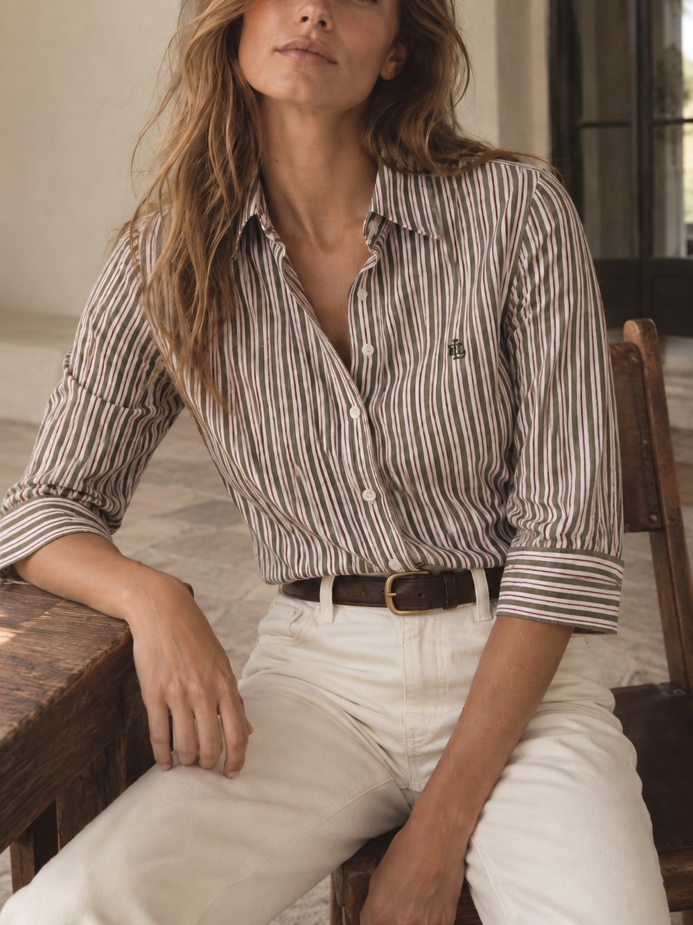 Ralph Lauren vintage linen olive green and red striped collared button down shir